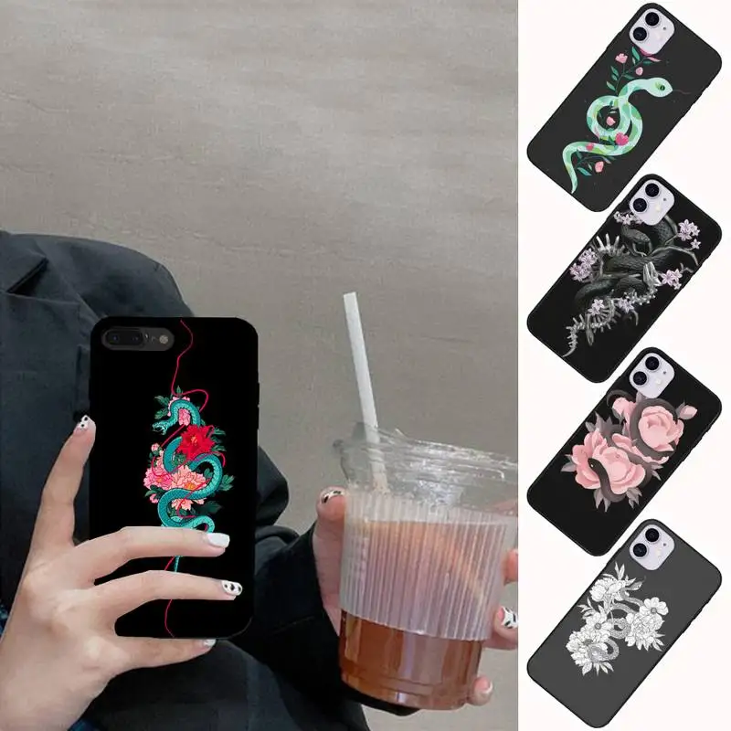 

Black Snake Golden Rose Flower Phone Case Fundas Shell Cover For Iphone 6 6s 7 8 Plus Xr X Xs 11 12 13 Mini Pro Max