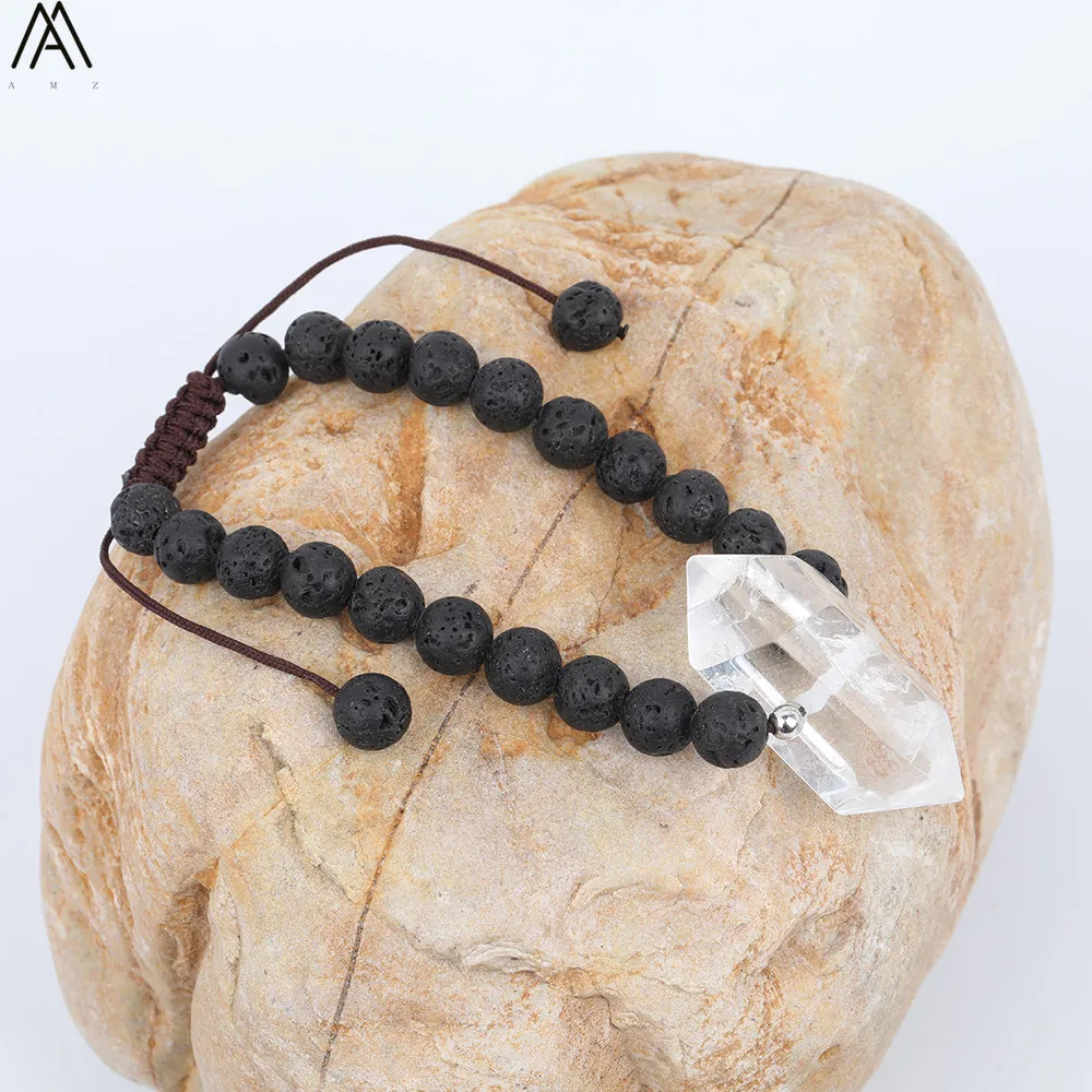 Faceted Double Point White Quartz 8mm Round Natural Lava Stone Cord Knotted Adjustable Bracelet Jewelry For Women N0188AMAF | Украшения и