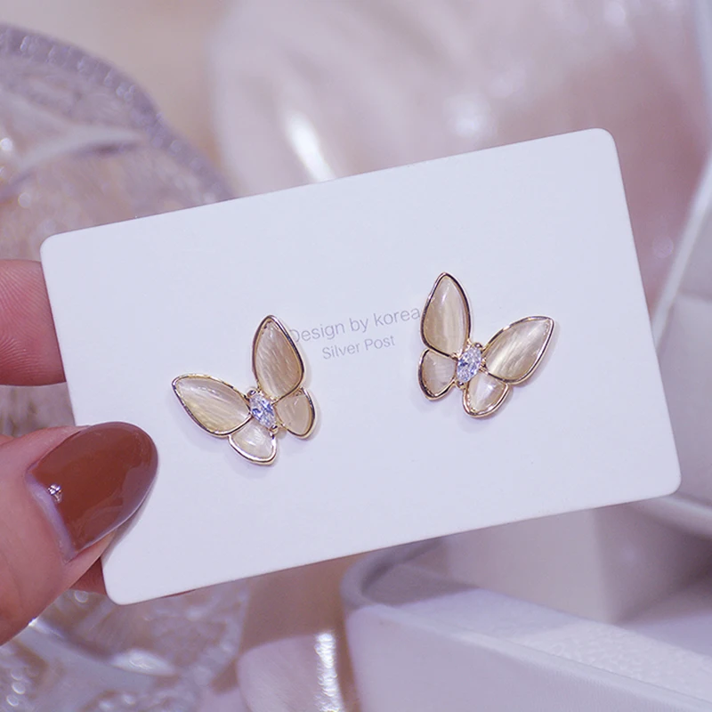

High Quality Opal Cute Fine Butterfly Stud Earrings for Women Designer Creativity Luxury Jewelry S925 Needle Shiny AAA Zircon