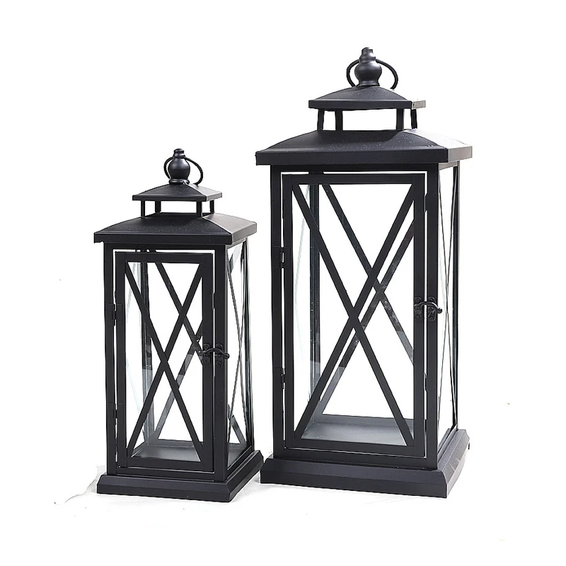 

European Black metal candle holders glass portable lamp retro candlestick Outdoor garden floor horse light Wedding home decor