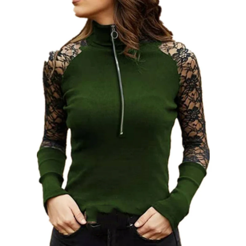 

Fashion New Women's Shirts Elegant Turtleneck Solid Slim Female Shirt Sexy Lace Hollow Long Sleeve Zipper Lady Pullover Shirt