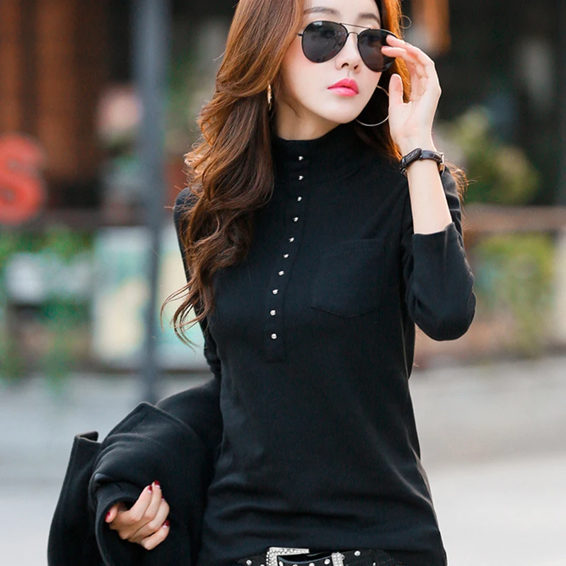 

2020 New Women's Half-high Collar Print Cotton Long Sleeve T-shirt Loose Pullover Plus Velvet Thick Bottoming Shirt Big Size Top