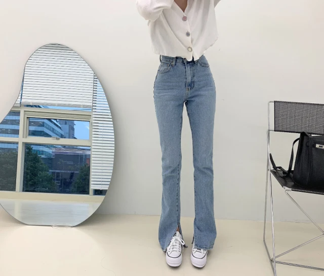 

Women Jeans High Waist Straight Split Slim Denim Trousers Loose Korean Style Vintage Jeans Solid Color Ladies Long Pants