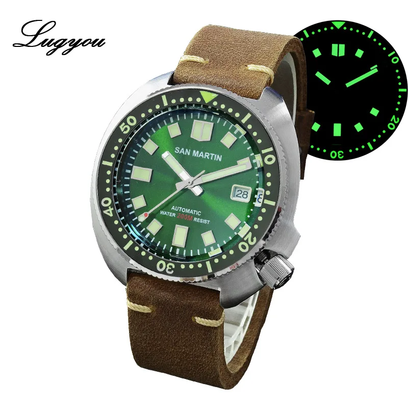 Green Full Lum Lugyou Сан Мартин черепаха Diver Мужские часы из нержавеющей стали механический керамический вращающийся ободок 20 бар сапфировый Кристалл кожаный ремешок - Цвет: Green Full Lum