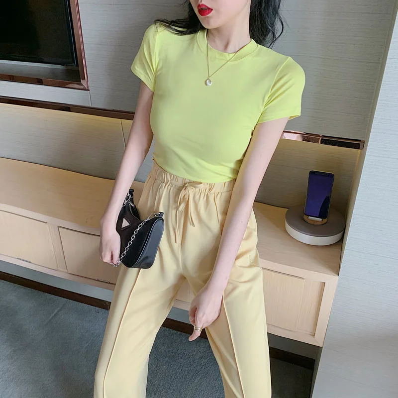 Корейский Chic все-матч облегающий Топ Однотонная одежда для похудения желтый
