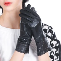 hot sale women leather gloves fashion black real leather spring autumn sheepskin driving gloves thin silky lined jm4