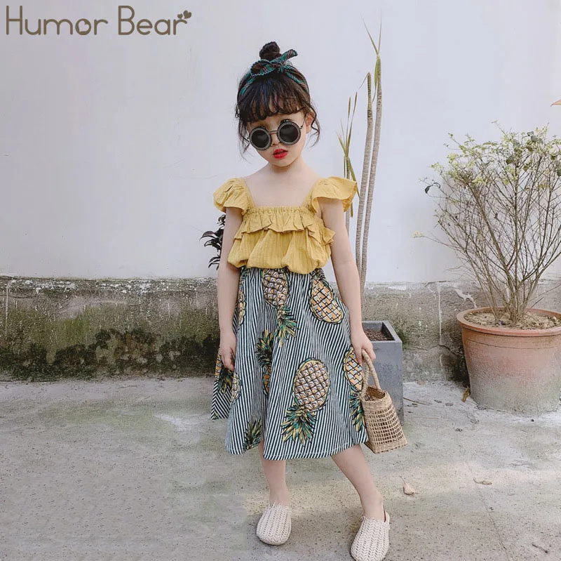 yellow BZ323K Humor Bear/Одежда для маленьких девочек Футболка с цветочным принтом и открытыми плечами топ+ широкие штаны с оборками, комплект одежды Модный комплект детской одежды - Цвет: yellow BZ323K