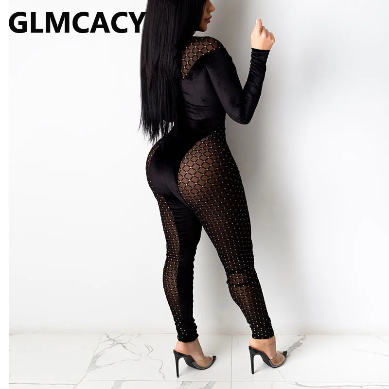 

Women Long Sleeve Mesh Inert Jumpsuit Velvet Patchwork Slim Partyclub Overalls