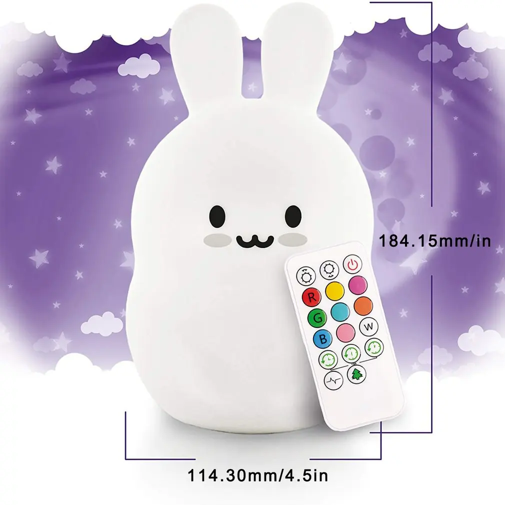 Rabbit LED Night Light Touch Sensor Remote Control 8 Colors Dimming Timer USB Rechargeable Silicone Bunny Lamp for Children Baby | Лампы и