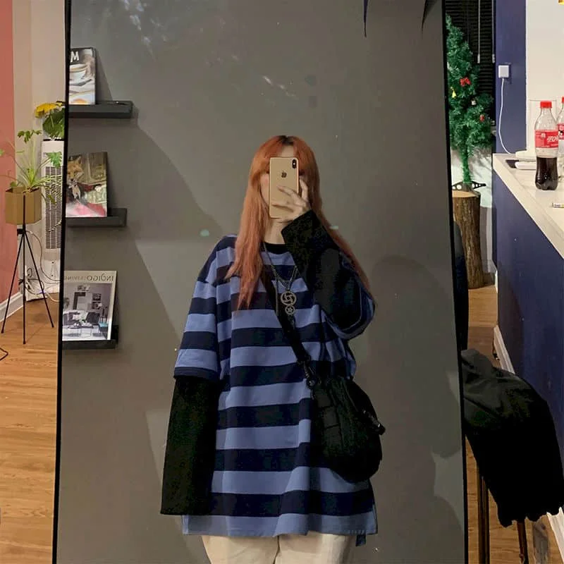 

Korean Harajuku Fake Two Striped Long-sleeved T-shirt Loose Plus Size Clothes Vintage Tops Goth Women Clothes Woman Tshirts