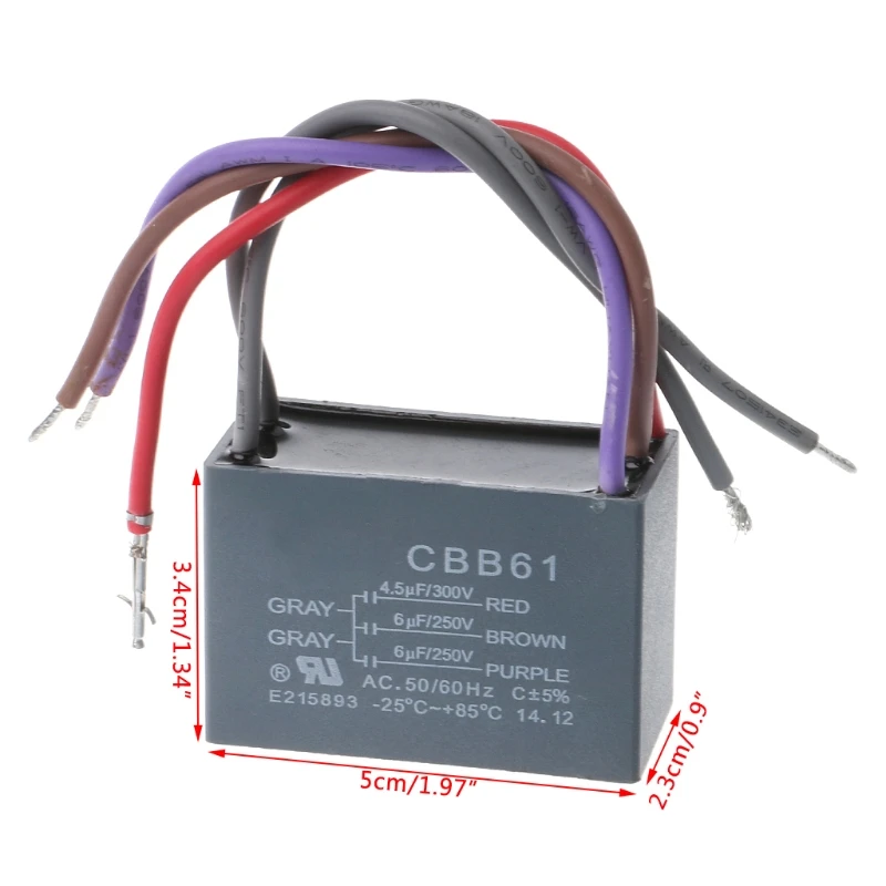 

CBB61 Ceiling Fan Capacitor 4.5uf+6uf+6uf 5 Wire 250V 5 Speed Starting Capacitor W3JB