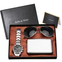 silver watch mens gift set quartz digital stainless steel watch antimagnetic credit card box male sunglasses best birthday gift