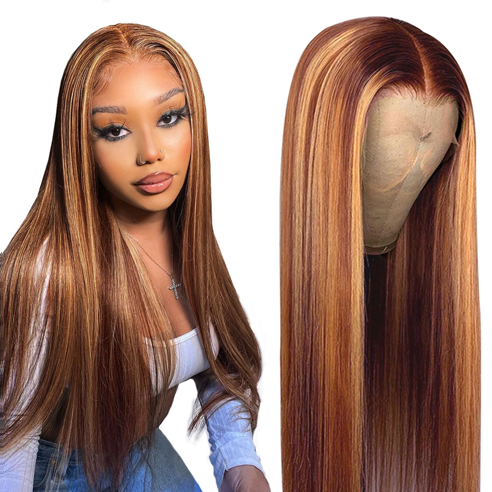 Straight wig Lace Frontal Human Hair Wigs 13x1 Lace wig for Women Human Hair with Natural Hairline Brown Colored Ombre