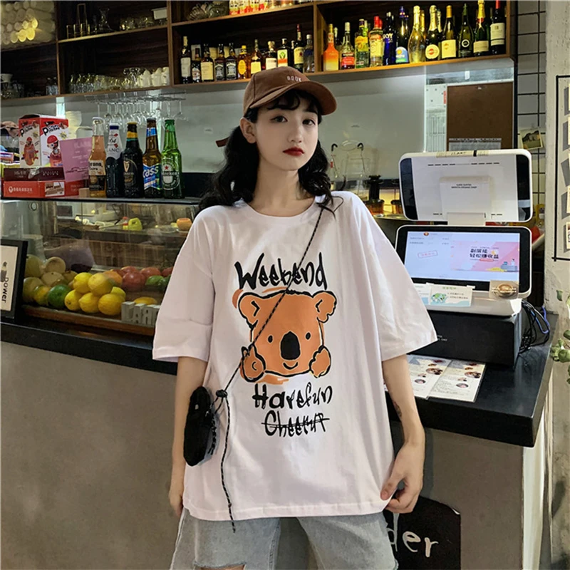 

Pure Cotton Bear Harajuku Tshirts Short Sleeve Women Clothing Cute Top Tee Hip Hop Tops White Casual Kawaii Female Tshirt Summer