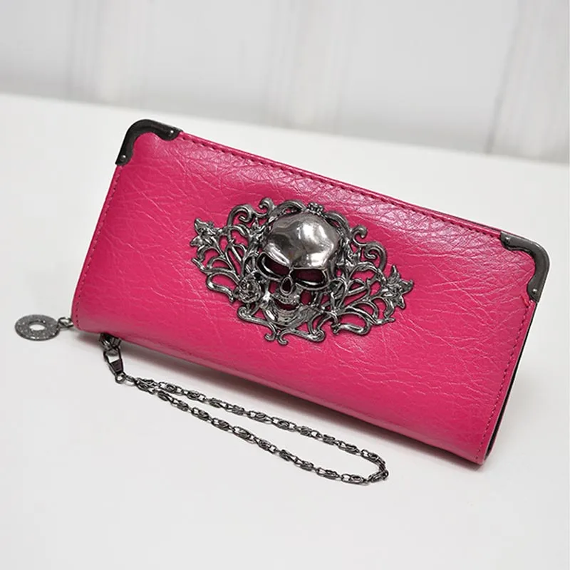 Rose Red Новинка, длинный женский кошелек, Ретро стиль, панк, кошелек, черный, призрак, Череп, клатч, сумка для мобильного телефона, на запястье, винтажный кошелек из искусственной кожи - Цвет: Rose Red
