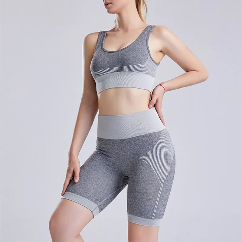 Бесшовный спортивный костюм в полоску женский бюстгальтер шорты для йоги фитнес