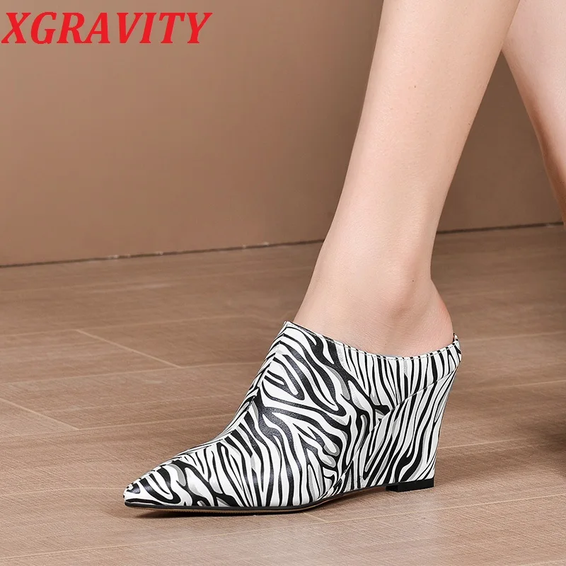 

XGRAVITY B377 Genuine Leather High Heel Wedge Point Toes Elegant Women High Heels Sexy Sandals Wedges Shoes Zebra Lady Shoes Hot