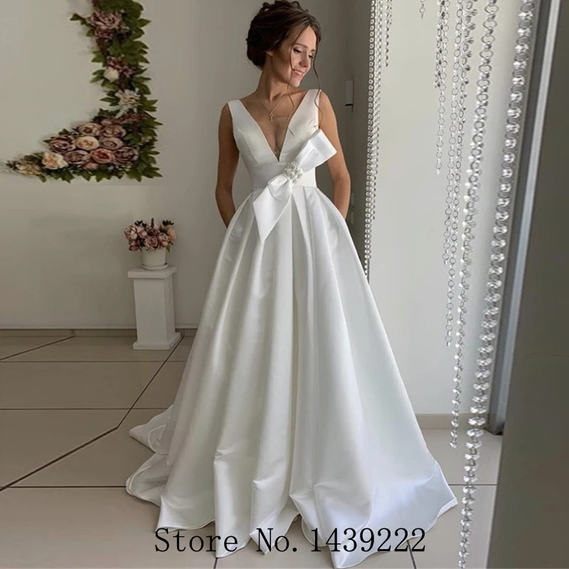 

New Arrival Simple Satin Aline Wedding Dresses Deep V Neck Baackless Vestidos de Noivas Custom Made