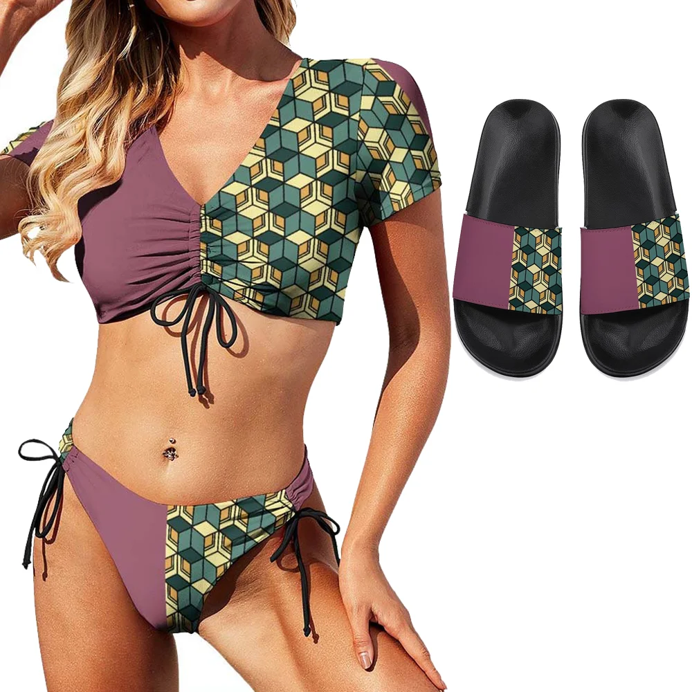 

Demon Slayer Anime Bikini Slipper Suit Cosplay High Waist Skinny V Neck Tie Women Swimsuit 3 Piece Swimwear Sandal Summer Merch