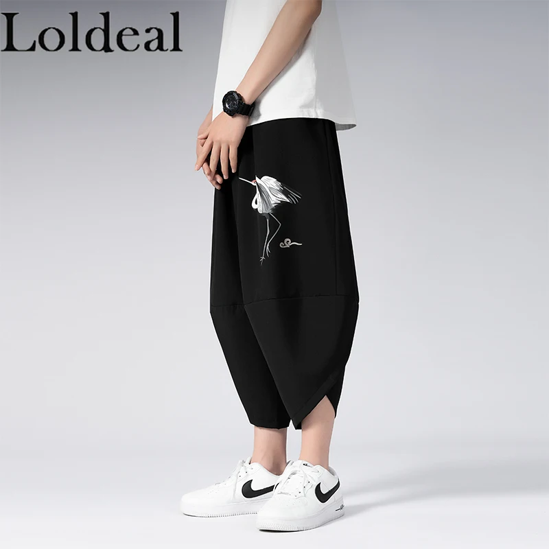 

Loldeal Chinese Style Cropped Pants Men Loose Harem Polyester Fiber Flying Crane Print