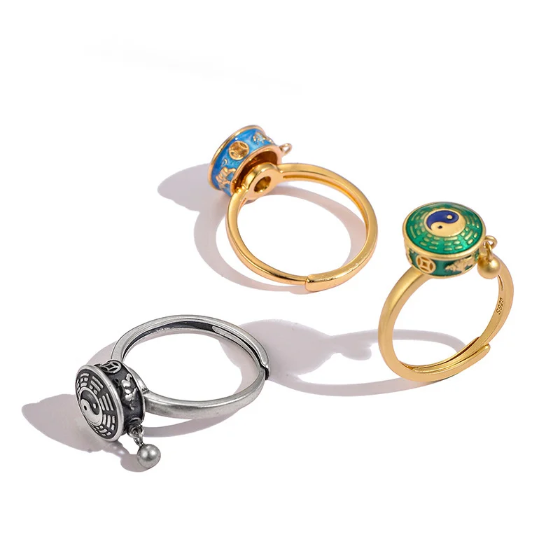Вращающиеся кольца фэн-шуй серебряного цвета с эмалью Инь-Янь тибетский