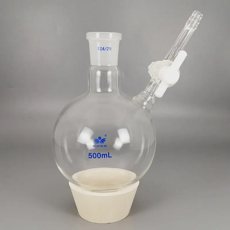 1PCS 10ml to 1000ml Lab Ball-shaped Borosilicate Glass Reaction Flask With PTFE Piston Frosted Mouth Flask with Branch Pipe