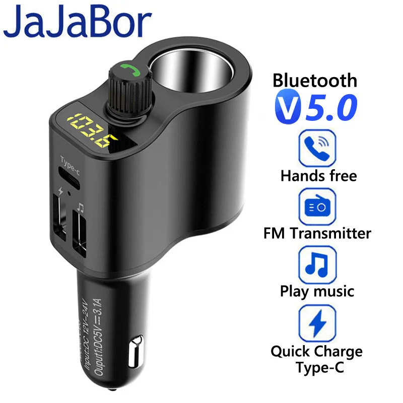 jajabor fm transmitter bluetooth 5 0 car kit handsfree car music player cigarette lighter socket splitter dual usb car charger free global shipping
