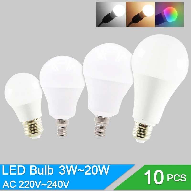 

10pcs/lot LED Bulb Lamps E27 E14 220V 240V RGB Led Bulb Smart IC Real Power 24W 20W 18W 15W 12W 9W Lampada LED Bombilla
