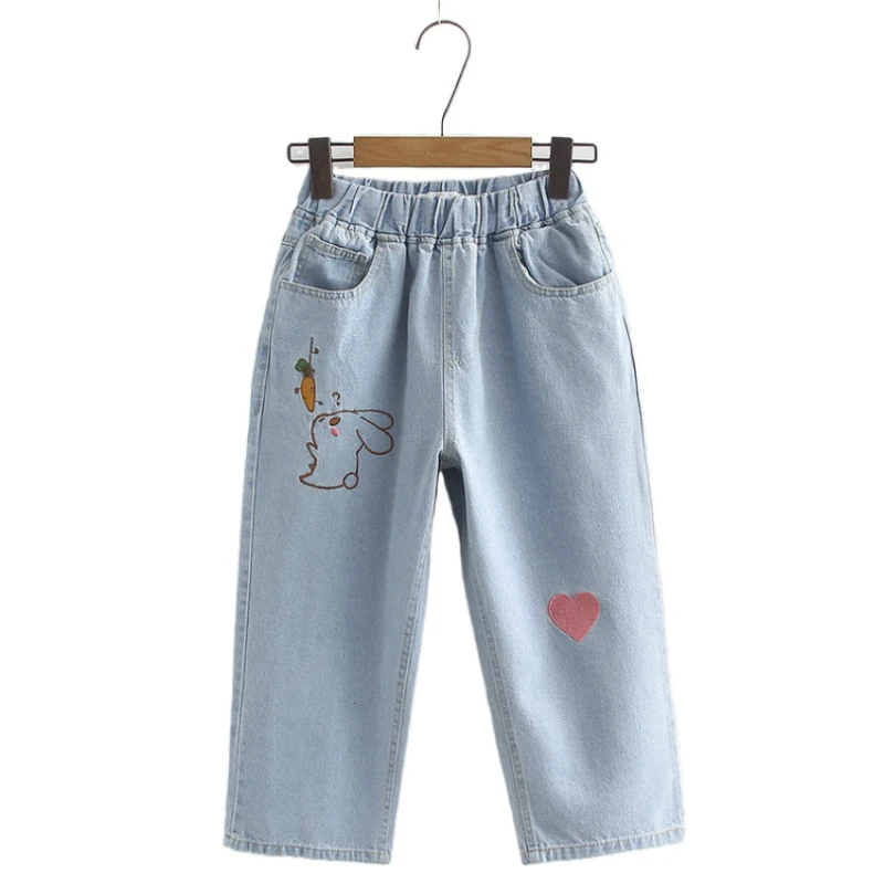 

Женская Повседневная Вышивка на кармане, с изображением синего кролика, с эластичной талией, Корейская модель женские джинсы прямого кроя, ...