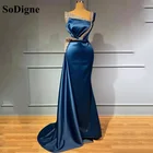 Синие арабские вечерние платья-русалки soworthy, блестящие кристаллы из бисера, на одно плечо, для выпускного вечера, торжественных вечеринок, платья для приема, 2022