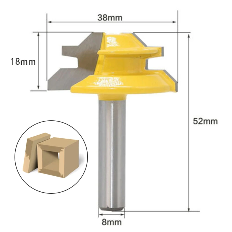 

Yellow 45 Degree Lock Miter Router Bit 8mm Shank Cutting Diameter Cutter Gadget