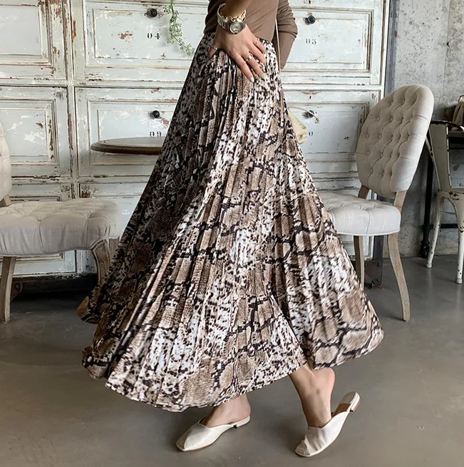 

Leopard Printed Pleated Skirt Women Retro Elegant High Waist Skirt Femme A-line Long Skirts Womens Leopard Skirts For Ladies