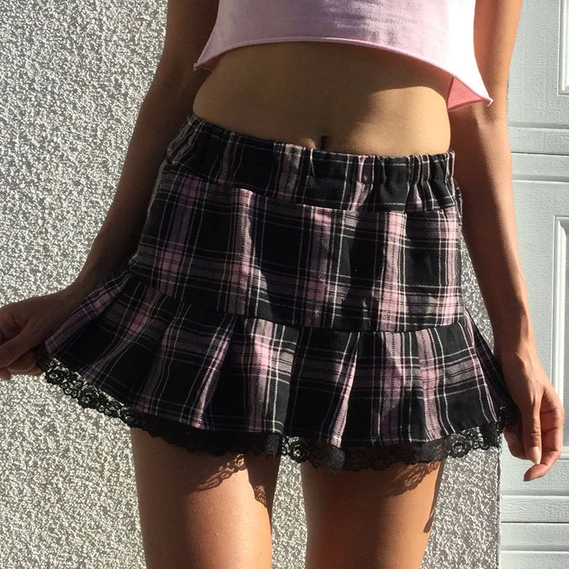 

Gothic Fashion Plaid Printed Pleated Skirts Girl High Waist A-Line Lace Patchwork Mini Skirt Women Slim Party Wear