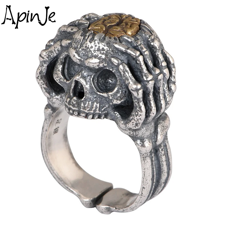 Apinje 990 Fine Silver Punk Hand Skull Ring for Men Gift Vintage Fashion Biker Mens Opening Jewelry