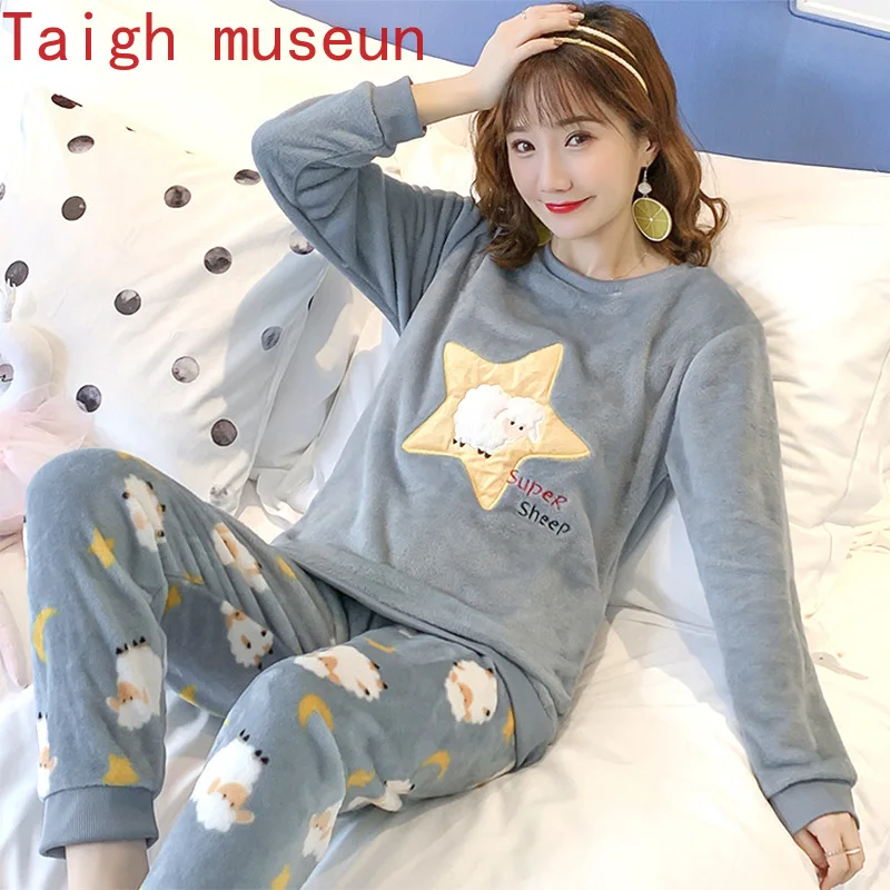 

2021Autumn Winter Warm Flannel Women Pyjamas Sets Thick Coral Velvet Long Sleeve Cartoon Sleepwear Thin Flannel Pajamas Set Girl