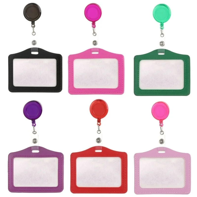 

Solid Colors Horizontal Company Factory Staff Workers Work Card Holder Cover PU ID Badge Case with Retractable Badge Reel Clip