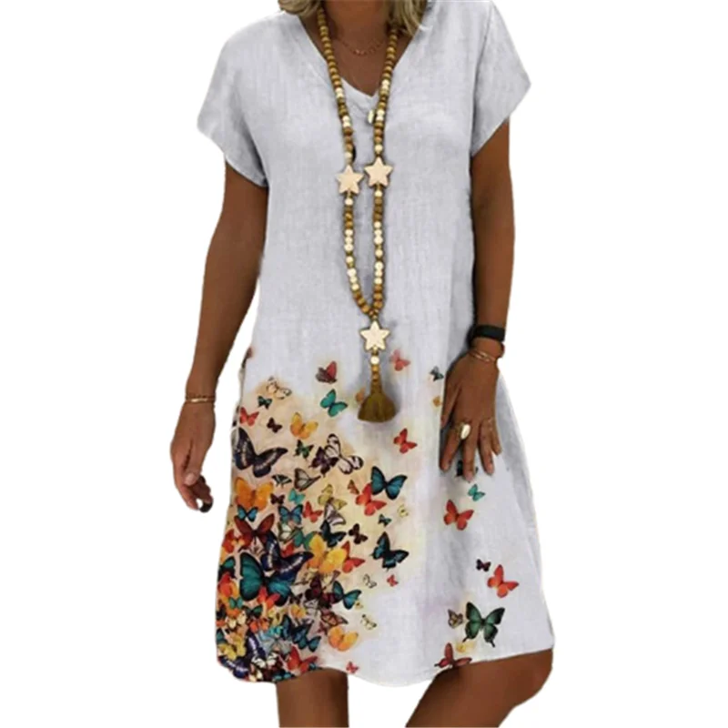 

New Arrival Women Floral Vintage Print Short Sleeve Knee Length Dress Summer Casual Slim V-neck Straight Vestidos Plus Size 3XL