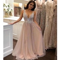 2022 new arrival long prom dresses sexy deep v neck beading tops floor length evening party gown girls birthday sweet party gown