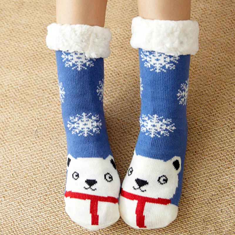 Blue white bear 1 пара осень-зима Для женщин с героями мультфильмов носки для взрослых из плотного бархата; домашние Нескользящие тапочки носок для сна пол теплые носки для женщин - Цвет: Blue white bear