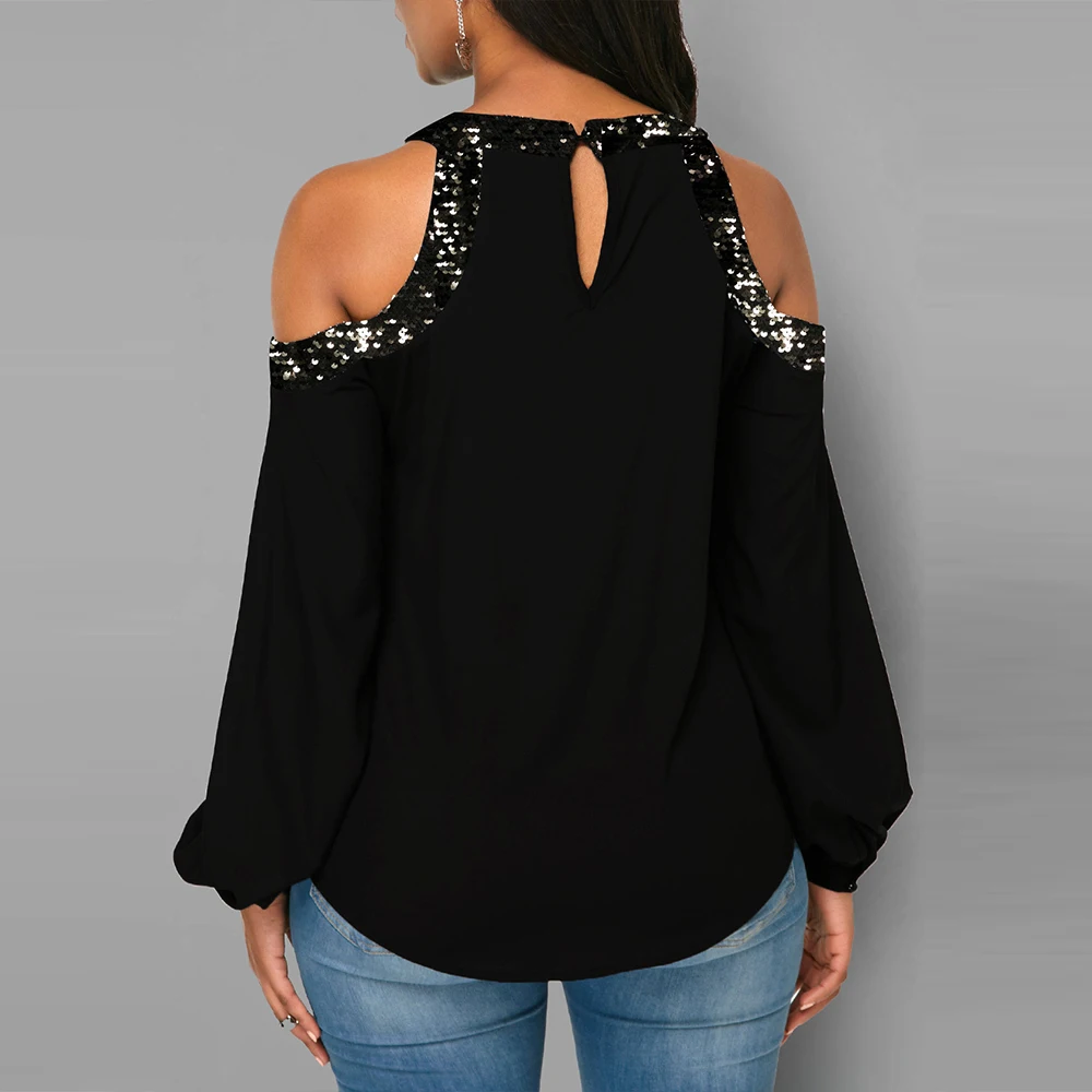 Женская футболка с длинным рукавом и блестками принтом|Футболки| |