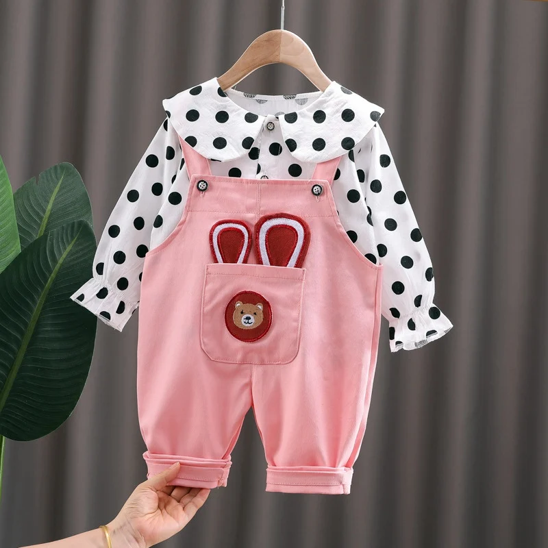 

Повседневный комплект одежды для девочек из 2 предметов, рубашка в горошек с длинным рукавом для малышей и детей, осенний костюм с мультяшны...