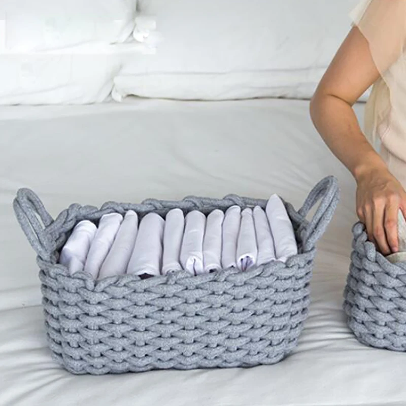 

2Pcs Hand-Woven Thick Cotton Rope Storage Box Baby Toy Snacks Keys Cloth Sundries Storages Basket Desktop Organizer