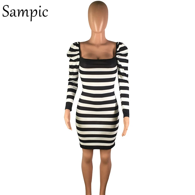 Sampic сексуальное женское Полосатое Пышное трикотажное платье свитер с длинным
