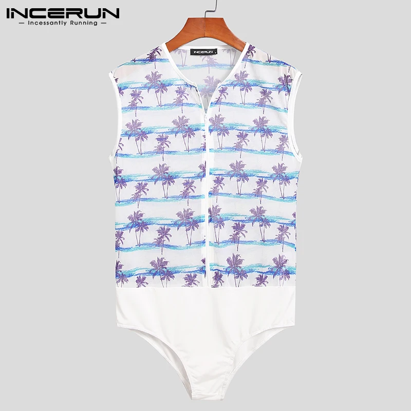 

Men Pajamas Bodysuit Patchwork See Through Zipper Homewear Sleeveless Rompers Breathable Sexy Men Bodysuits Nightwear INCERUN