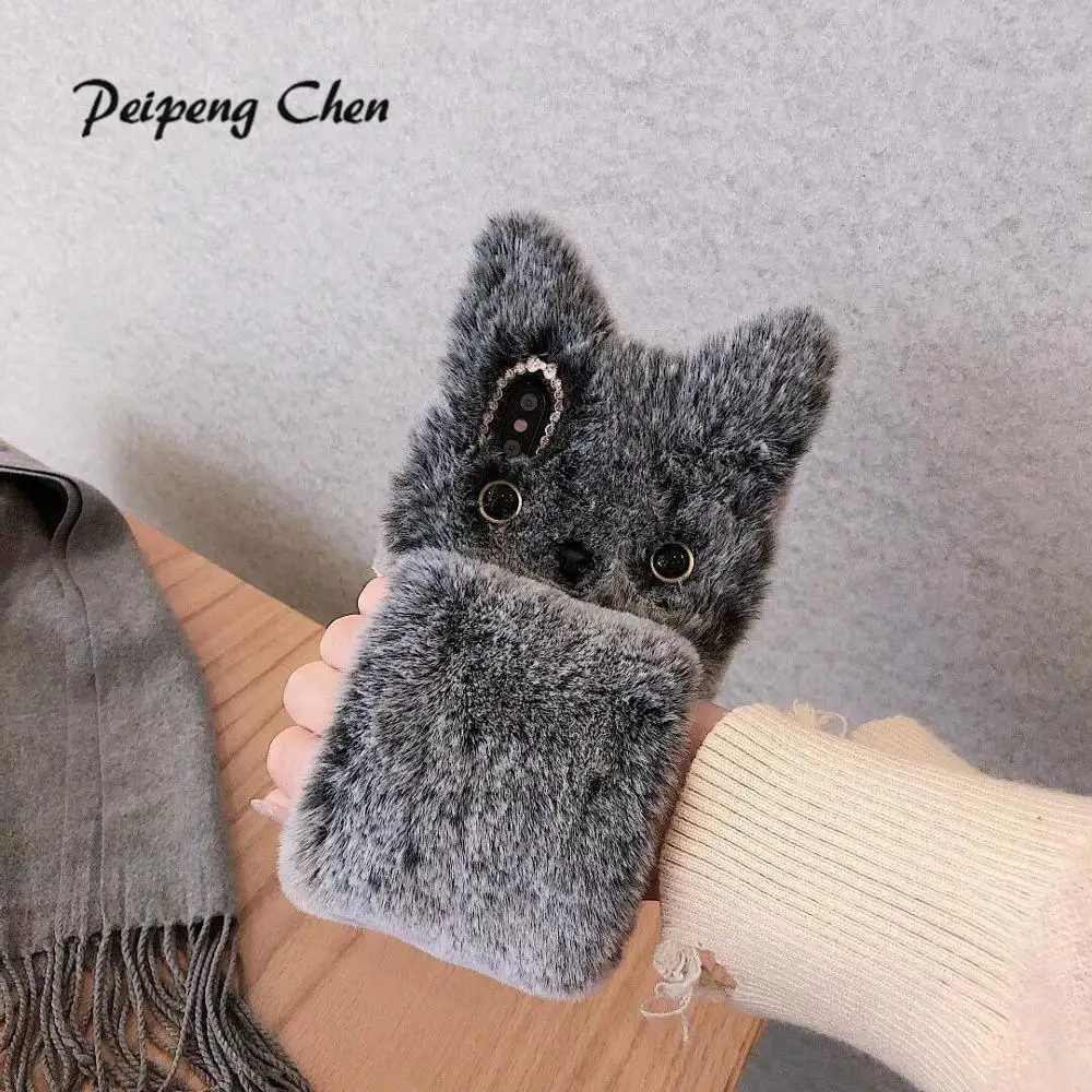 Gray cat PEIPENG 3D милый животный плюшевый собачий Пушистый Теплый Меховой чехол для телефона для iPhone 7 Plus силиконовый чехол для iPhone X XS Mas 8 7 6 6s Plus XR - Цвет: Gray cat