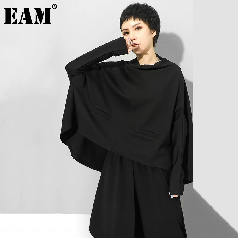 

[EAM] Loose Fit Back Long Irregular Sweatshirt New Turtleneck Long Sleeve Women Big Size Fashion Tide Spring Autumn 2021 1Z296