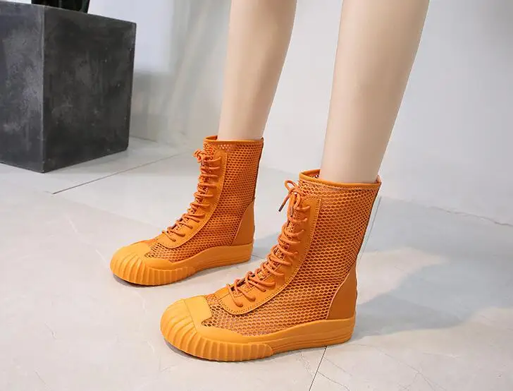 

Summer Lace Up Platform Womens Boots Platform Wedges Shoes Mesh PU Leather Cross Tie Ankle Boots