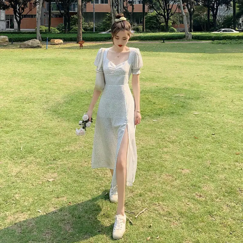 

French Chiffon Dress Women Puff Sleeve Point Print Vintage Retro Dress Office Lady Casual Summer Elegant Split Dress Women 2020