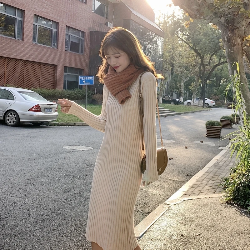 

Женское трикотажное платье макси, черное Элегантное повседневное платье с длинным рукавом, в винтажном Корейском стиле, весна 2020