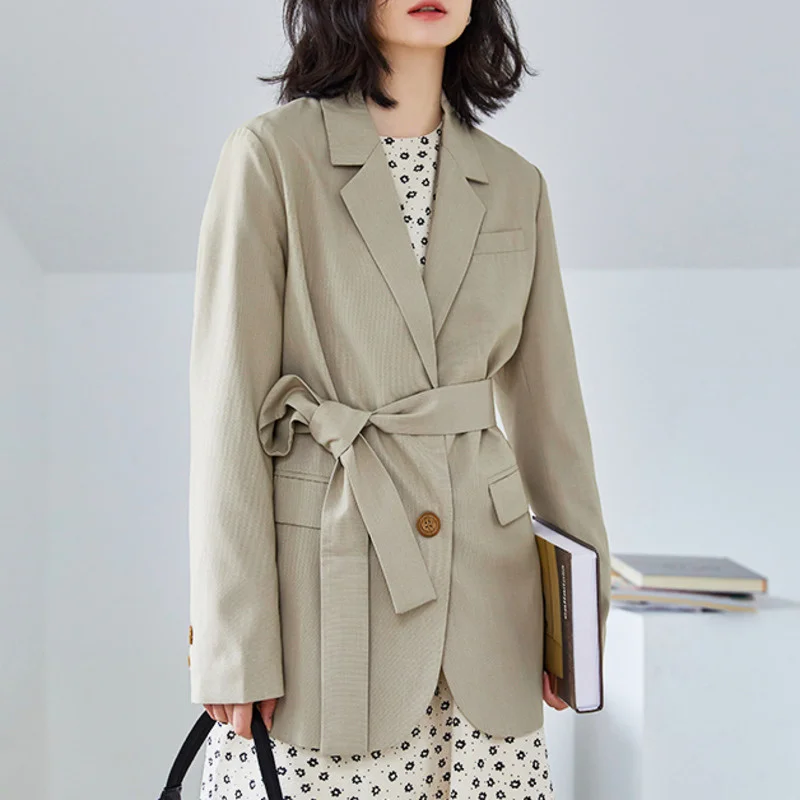 

Spring New Women Single-breasted Blazer Jackets Elegant Loose Long Sleeve Lace-up Female Suit Coats 2021 Korean Casual Oversized